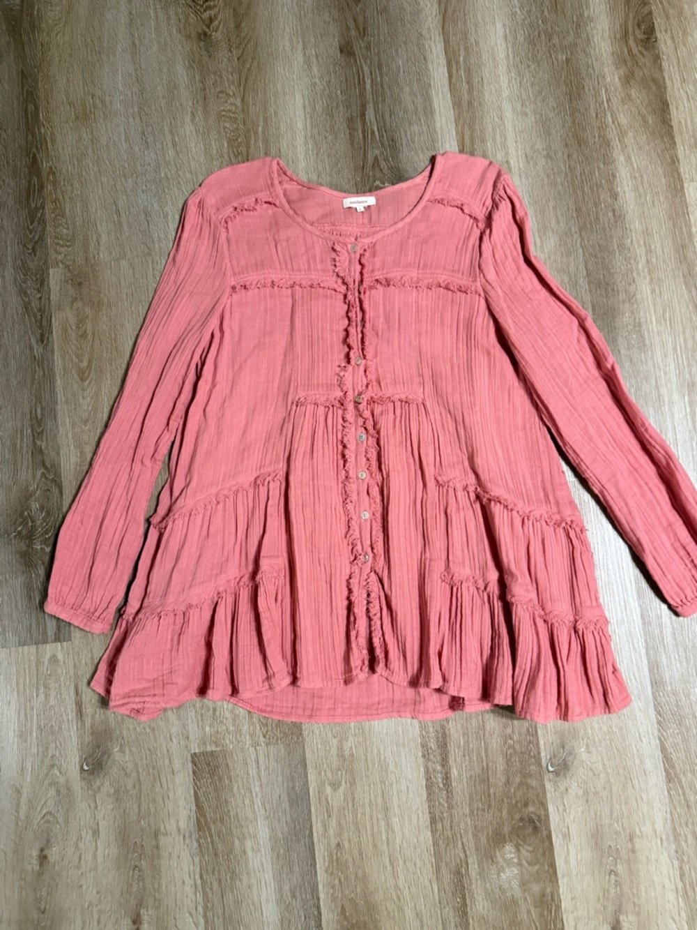 Sundace Women's Gauzy Cotton Pink Tunic Top Button Down Long Sleeve Size L Boho